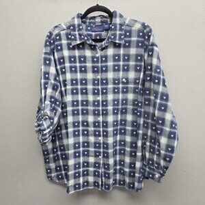 CST Blues Shirt Womens 5X Blue White Plaid Button Down Long Sleeve Cotton Hearts